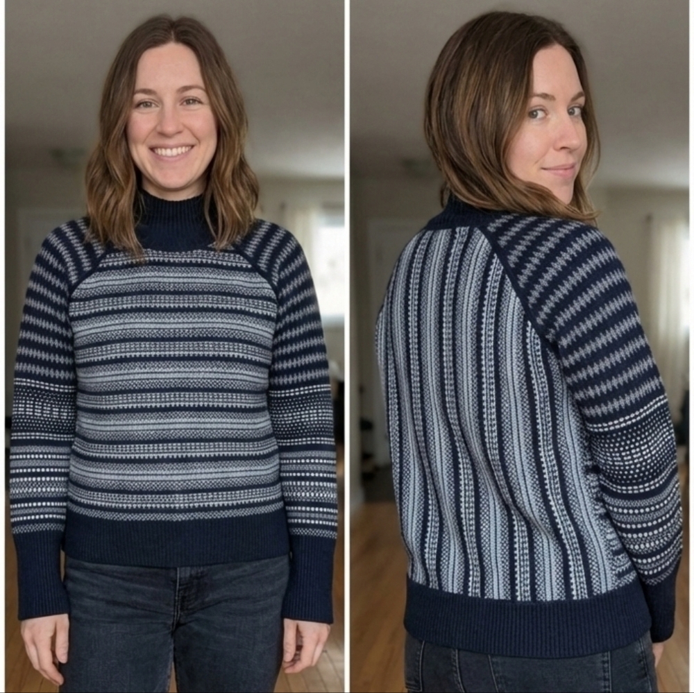 Cyrus Navy and Light Gray Striped Cowl-Neck Sweater